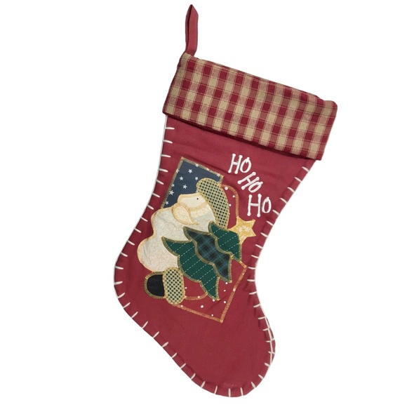 Christmas Stocking Ho Ho Ho Country Santa Dark Red Gingham & Appliqué - Picture 1 of 7